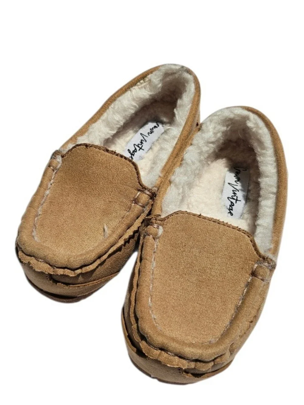 Crown Vintage Kids Tan Faux-Suede Fur Lined Moccasin Slippers Size 9